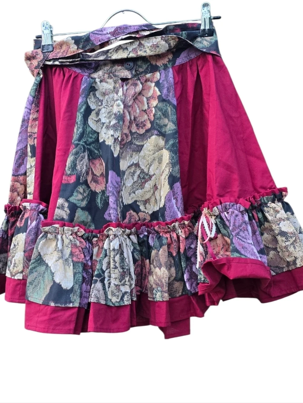 Vintage Cottagecore Floral Tiered Ruffle Mini Skirt Coquette Boho Burgundy Small